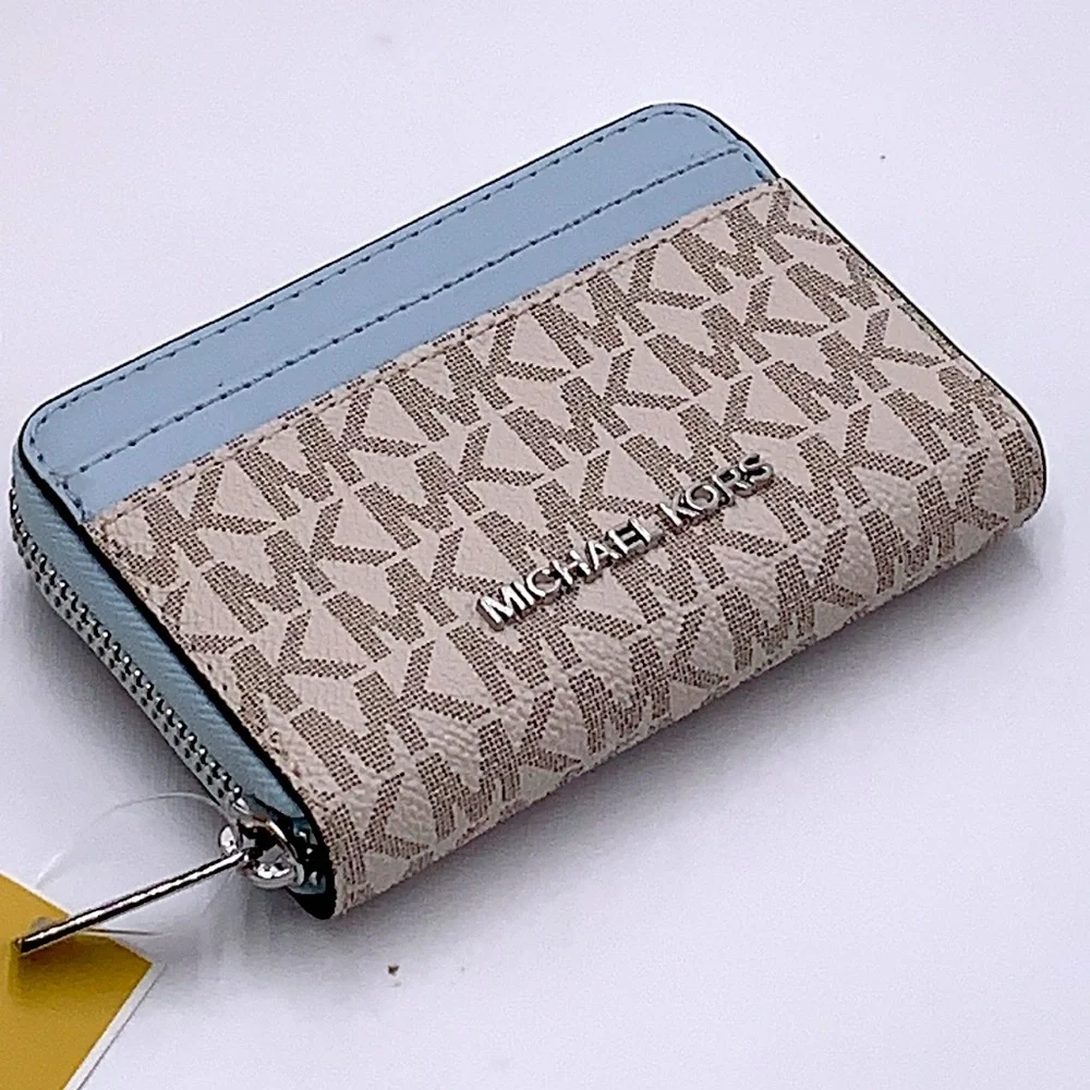 MICHAEL KORS MEDIUM ZIP AROUND CARD CASE VSTA BLUE MULTI SIGNATURE COLOR